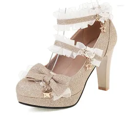 Dress Shoes Sequins Shallow Mouth Single Female Waterproof Taiwan Thick With Super High Heels Gold Silver Bow Lolita Women's