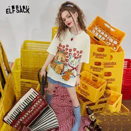 T-Shirt ELFSACK White Cotton Short Sleeve TShirt Woman 2022 Summer Vintage Half Sleeve Korean Female Basic Daily Tops