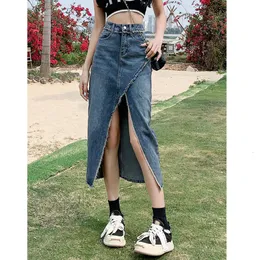 Rua sexy denim feminino 2023 verão retro coreano a linha apertado hip pacote cor sólida cintura alta feminino saia longa