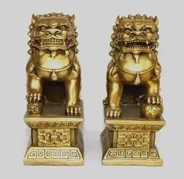 Hantverk kinesiska brons mässing Guardian Foo Fu Dog Phylactery Door Lion Par Statue 6.5 "