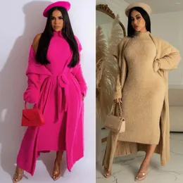 Hoodies femininos flanela 2 peças define mulheres gola alta sem mangas bodycon midi vestido turn down colarinho manga comprida casaco cardigan com cinto