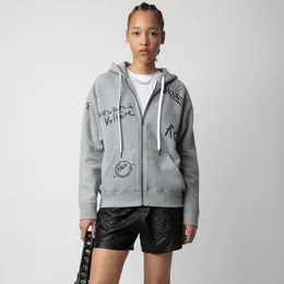 24ss Zadig Voltaire Plush Zippered Jacket Zv Graffiti Letters Printed Hooded Coats Women Designer Hoodie