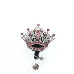 1pc 5pcs 10pcs Pink Rhinestone Crystal Crown Badge Reel Retractable ID Badge Holder For Nurse Student Staff2548