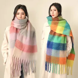 35 *220CM Luxury Checked Scarf Warm in Winter Cashmere Like Feel Rainbow Checked Fashion Versatile Women Tassel Shawl Scarf 231229