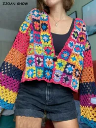 Tröjor 2022 Boho Plaid Flower Hand Made Crochet Cardigan Woman V Neck Långärmning One Button Sweater Knitwear Jumper Holiday