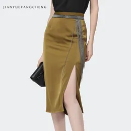 Dresses Long Ladies Skirts 2021 Spring Summer New Fashion Light Brown High Waist Side Split Pencil Skirt With Delicated Metal Chains