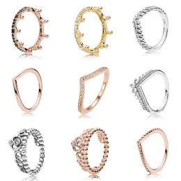 Autentici anelli Pandora dalla vestibilità autentica, ciondoli per il dito in oro rosa alla moda della corona della regina fai da te
