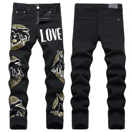 Jeans da uomo Lettera Star AM piccolo punto Uomo Ricamo Patchwork Strappato Sexy Romantico Pantalone da moto selvaggio Uomo AM3262-00 taglia 29-38