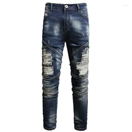 Jeans da uomo elasticizzati denim nostalgico trendy slim lavato design ricamato pantaloni da festa alla moda con foro rovinato di grandi dimensioni