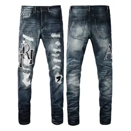 Atacado mais barato masculino carta bordado buraco remendo fino ajuste azul jeans magros juventude amiryes plus size