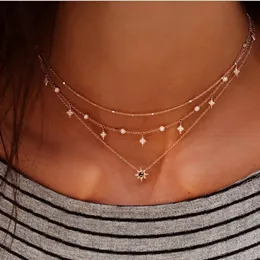 2024 Fashion Chokers 14K Gold Necklace Short Crystal Stars Multilayer Pendant Chain Halsband för kvinnor Bröllopsfestgåvor