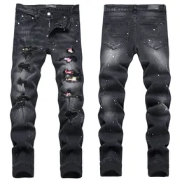 Men jeans brevstjärna am små spot män broderi lapptäcke rippade sexig romantisk vild motorcykelbyxa mens am3531-00 storlek 29-38