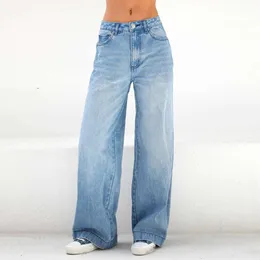 Kvinnors blå jeans mode casual street stil retro mid stigande breda ben byxor klassisk lös plusstorlek damer denim byxor