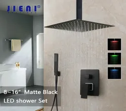 JIENI 8 12 16 дюймов черный набор смесителей для душа для ванной комнаты потолочное крепление черный светодиодный смеситель для душевой насадки W набор смесителей для душа с дождевой насадкой L3160909