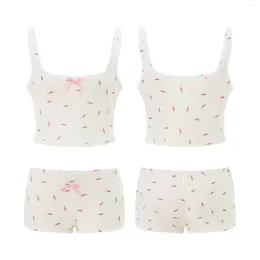 Women's Tracksuits Fairycore Floral Print 2Pieces Top Shorts Sets Summer Streetwear Aesthetic Clothes Bow Slip Crop Tank Tops And