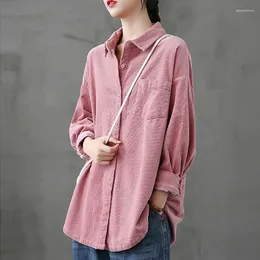 Damenblusen Lucyever Rosa Cordhemd Mantel Frauen Einreiher Lose Lässige Blusas Jacke Weibliche Koreanische Umlegekragen Hemden Tops