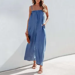 Kadın Mavi Sling Tulum Yaz Yaz Yüksek Bel Straplez Solsuz Gevşek Sokak Kotları 2023 Moda Gündelik Denim Geniş Bacak Pantolon