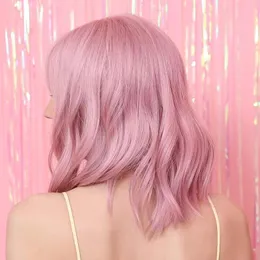 Peruker rosa peruker med luftbugg kort syntetiskt hår axel längd pastell bob syntetisk cosplay peruk för flicka färgglada kostym peruker