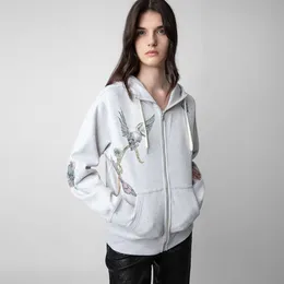 24SS Zadig Voltaire Hooded Zipper Jacket ZV Digital Print Hot Diamond Inner Foder Fleece dragkedja Cardigan Jacket Women Hoodie