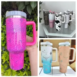 Tumblers 40OZ Designer Cups With LOGO Adventure Leopard Cow Old Flower Design Tumblers Handle Lids And Straws Car Mugs vacuum Insulated Dri