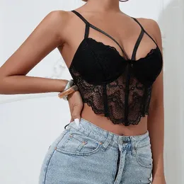 Damen Tanks Frauen Spitze Wrap Brust Crop Top Sexy Hosenträger Rückenfrei Durchsichtig Slim Herringbone Kleine Weste Negro Mujer Fiesta Korsett