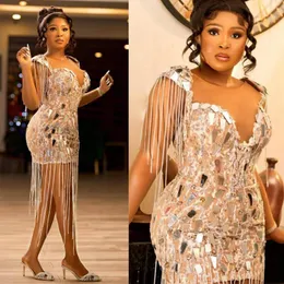 Illusion Silver Cocktail Dress Sheer Neck Sparkling Mirror Sequins Short Mini Prom Dresses for African Black Women Girls Tassel Beading Brithday Party Gowns C010