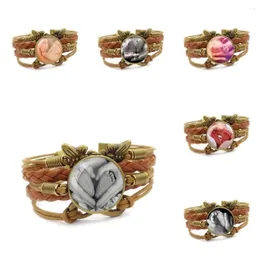 Pulseira para meninas presente artesanal legal pés de bebê nas mãos da mãe chegada cabochão de vidro pulseira de couro marrom multicamadas