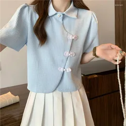 Kvinnors blusar Summer Chinese Style Women Shirts Elegant Vintage Cheongsam Buckle Fashion Stand Collar Short Sleeve Crop Tops