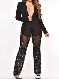 Pantalon de deux pièces pour femmes, costumes de pantalons à la mode pour femmes, manches longues, style américain, tendance, maille, perles à ongles, printemps été 2024