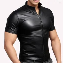 Męskie koszulki rozciągnij czarna materia skórzana mężczyźni z krótkim rękawem stoisko kołnierzy