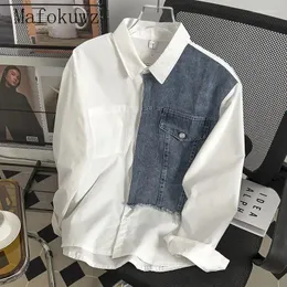 Camisas casuais masculinas japonês denim emenda de mangas compridas moda casal nicho high street solto camisa branca homens tops roupas masculinas