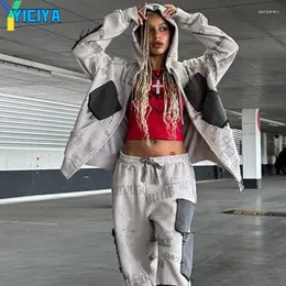 Calças femininas de duas peças Yiciya Y2K Pant Sets Cinza Set Tracksuit Mulheres Terno Zipper Hoodie Moletom Design Sweatpants High Street Long