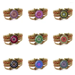 Bangle Adults For Women Girls Handmade Mandala Flower Brand Jewelry With Glass Cabochon Multilayer Brown Leather Bracelet