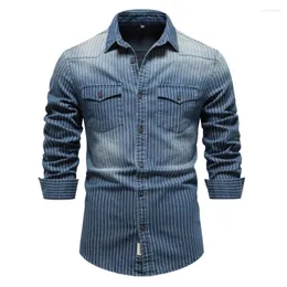 Camisas casuais masculinas 2024 único breasted algodão manga longa negócios moda sólida camisa jaquetas listrado denim para homens