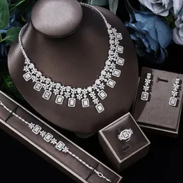 Halskette Ohrringe Set Luxus Big Zirkon Brautschmuck Für Frauen Dubai Hochzeit Tropfen 4 Stücke Party Zubehör