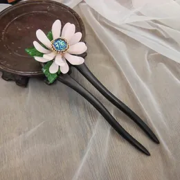 Hair Clips Chrysanthemum 2-Prong Ebony Stick Pin Vintage Glaze Artglass Chinese Hairpin Wooden Pins Pince Cheveux Femme WIGO1402