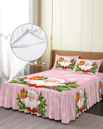 Saia de cama natal papai noel pinho agulha floco de neve rosa colcha equipada com fronhas capa de colchão conjunto de cama