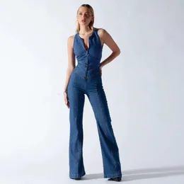 Tuta di jeans senza schienale estiva donna 2023 nuovi jeans a vita alta da donna alla moda senza maniche con scollo a V skinny