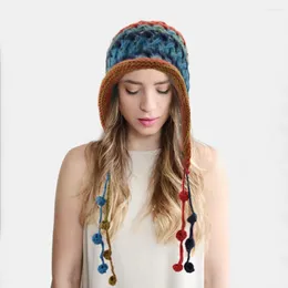 Berets TECHOME Winter Wollmütze Gehörschutz Bunte Kappen Riemen Pullover Mützen Warme Quaste Gestrickt Für Frauen Europäische Version