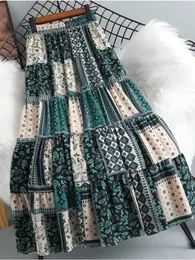 Dresses SURMIITRO Midi Long Pleated Skirt Women 2022 Green Khaki Bohemian Print Elegant A Line High Waist Skirt Female