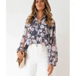 Blusas de mujer Moda de Primavera Camisa con botones estampados de flores Casual Cuello redondo Mangas de linterna Suelta Manga larga Top cómodo