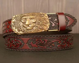 أحزمة Domineering Male Lion Head Automatic Buckle Men039S Leather Leather Leisure Tang Grass Pattern Pattern Srouser Fashion8719225