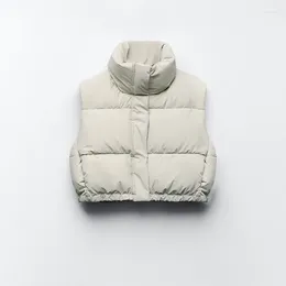 Gilet da donna 2023 Gilet corto autunno inverno con collo alto Tasche frontali nascoste nelle cuciture Orlo elastico Chiusura con zip e bottone a pressione