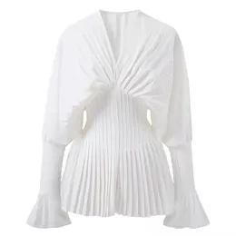 Women's Blouses Shirts Elegant Women Loose White V Neck Pleated Female Lantern Full Sleeve Tops Casual Blusas 2023 Spring Autumn DS4 230630
