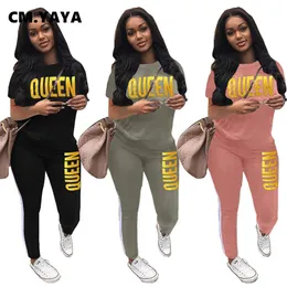 Capris Cm.yaya Active Queen Striped Sweatsuit Women's Set Tee Tops Jogger Pants Set Sporty Tracksuit Two Piece Set Fiess Outfit 2021