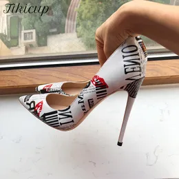 Botas tikicup impressão gráfica mulher branca pontudo de ponta de salto alto sapatos de vestido sexy senhoras escorregar na designer stiletto bombas de tamanho grande 43 44 45