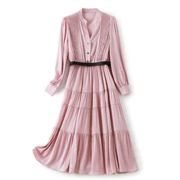 2023 여름 핑크 솔리드 컬러 허리 벨트 드레스 긴 소매 V 넥 미디 캐주얼 드레스 W3L042104