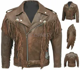 Męskie garnitury Blazery Tradycyjne zachodnie kowbojek skórzany płaszcz z frędzlami kości i koralików męskie męskie mężczyzn 230630