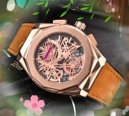 Popularny mężczyźni oglądaj pełną funkcję stopwatch zegar człowiek oryginalny skórzany zespół luksus kwarcowy kalendarz pusty szkielet sportowy data urok bransoletka zegarki prezenty