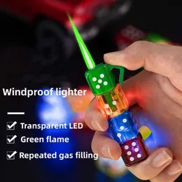 Dice Windproof Green Jet Flame Lighter Transparent Oil Window LED Display Light Butane Gas Personality Creativity MTW3